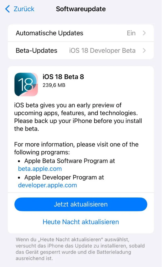 堆龙德庆苹果手机维修分享苹果 iOS / iPadOS 18 开发者预览版 Beta 8 发布 